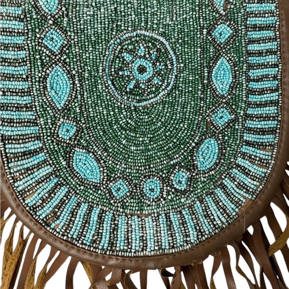 Beaded Fringe Crossbody Bag - Green turquoise and Brown 46” Strap Boho Country - Picture 3 of 12